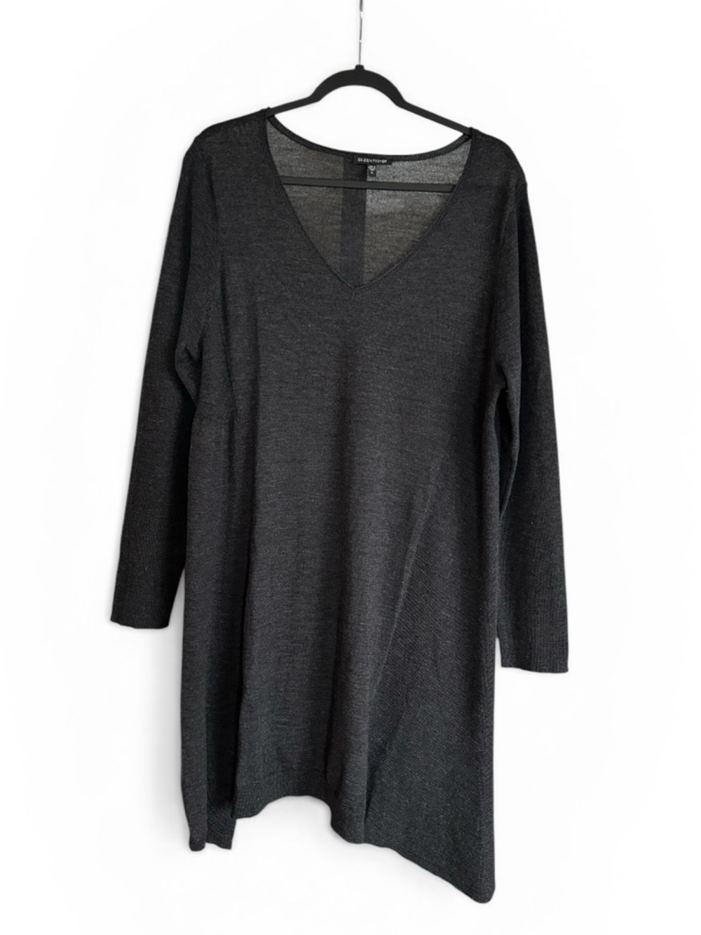 Eileen Fisher Lightweight Merino Wool Tunic Sweater Charcoal Gray V Neck XL